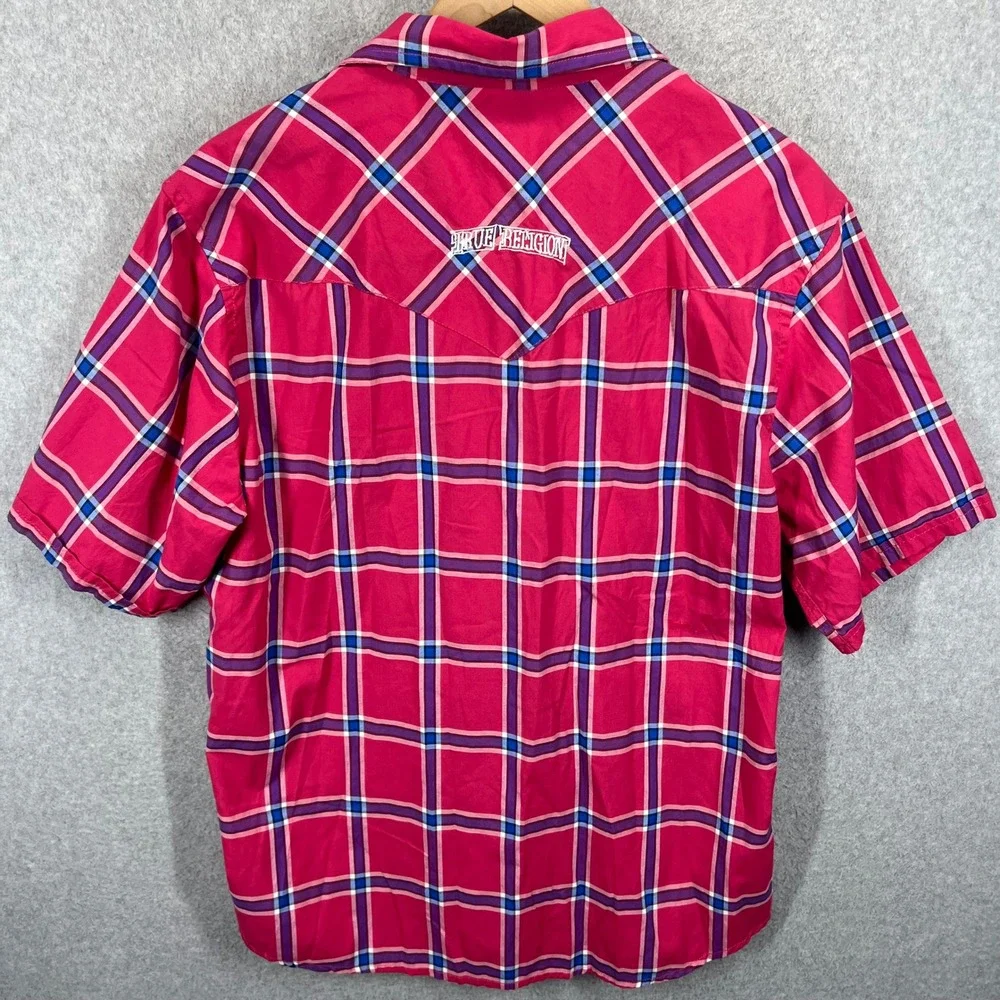 True Religion Western Pearl Snap Shirt Mens XL Pink Plaid Short Sleeve EUC